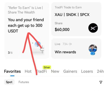 A screenshot of a crypto trading app interface showing 'TradFi Trade to Earn' and 'Refer To Earn' promotions, with a red arrow pointing to the 'TradFi' tab in the navigation menu.