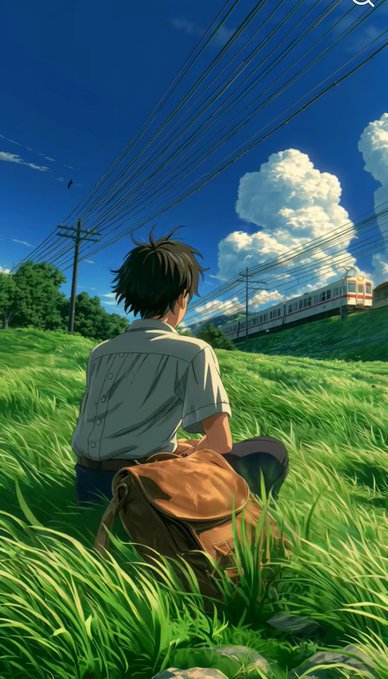 An anime-style illustration of a person sitting in a lush green grassy field with a brown backpack, watching a train pass in the distance under a bright blue sky with fluffy clouds.
