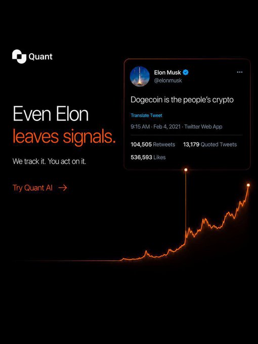 The image shows a stock chart with a gradient indicating the price of a cryptocurrency, such as Dogecoin. The text in the image explains that Quant AI Daily focuses on helping users cut through market noise by providing accurate insights from various sources, like social media and news outlets.