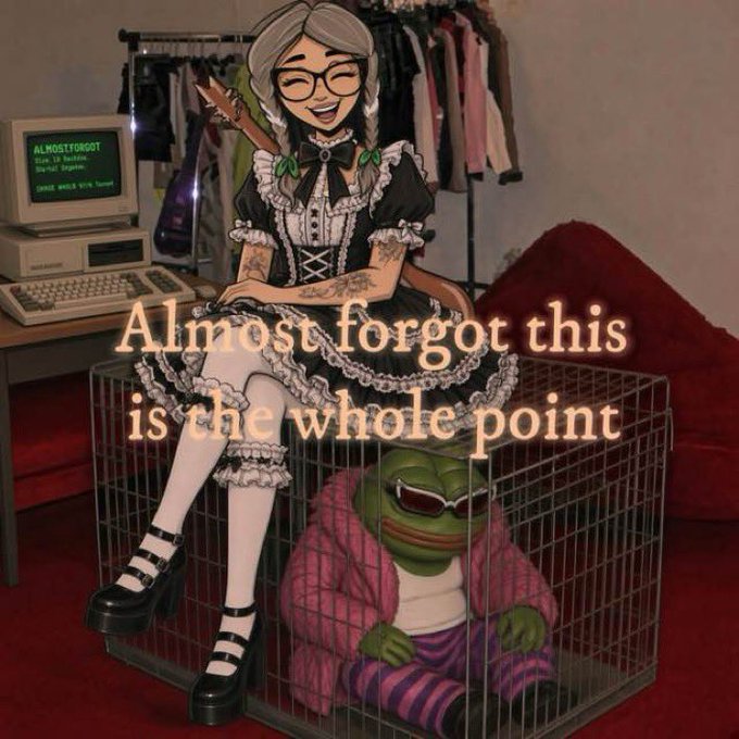 Illustration of a woman in a black maid outfit sitting on a wire cage containing a frowning Pepe the Frog dressed in a pink jacket and purple striped pants, with text reading 'Almost forgot this is the whole point'.