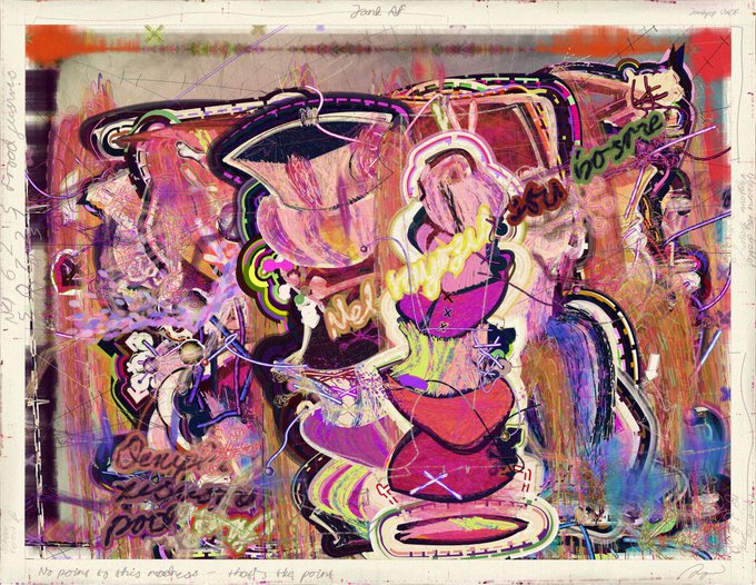 A chaotic, colorful abstract artwork with graffiti-style scribbles, neon pink and orange hues, layered shapes, and handwritten text including 'No name to this madness - that's the point.'