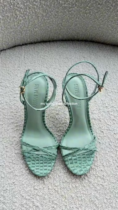 A pair of mint green woven strappy heeled sandals with 'STEVE MADDEN' written on the insole, displayed on a light textured surface with the text 'my spring shoe collection' overlaid.