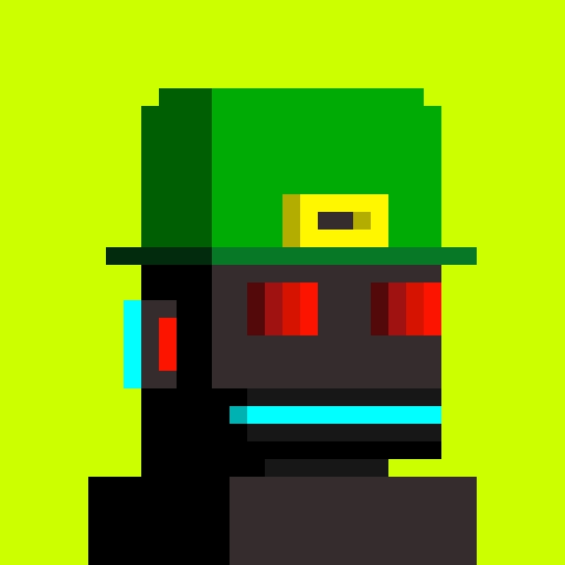 A pixel art style image showing a character wearing a green hat with a gold buckle, dark face, and glowing red eyes against a bright green background.