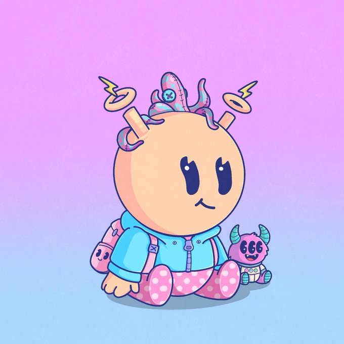 A cute cartoon character with orange skin, pink polka-dot pants, and a teal hoodie, accompanied by a small pink monster plush against a purple-to-blue gradient background.