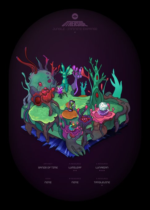 A colorful fantasy game illustration featuring a jungle landscape with coral-like trees, mushrooms, and crystals, titled 'Mineral: Jungle - Infinite Expanse' with resource listings including Sands of Time, Lumbleap, and Lunarcan.