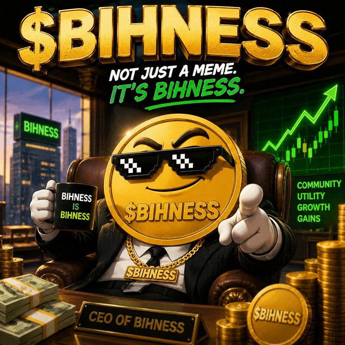 A cartoon gold "$BIHNESS" coin character wearing pixel sunglasses and a "CEO OF BIHNESS" nameplate sits at a desk with stacks of cash and coins, surrounded by the slogans "NOT JUST A MEME, IT'S BIHNESS" and "COMMUNITY UTILITY GROWTH GAINS." The image visually embodies the post's message of building a cultural, historic crypto movement by portraying $BIHNESS as a confident, business-savvy brand rather than just another meme coin.