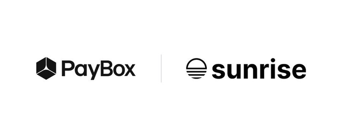 A logo screen showing 'PayBox' and 'sunrise' side by side on a white background.