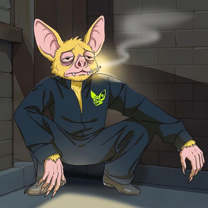 A disheveled anthropomorphic bat in a worn tracksuit squats in a dim alley, cigarette dangling from his mouth, exuding weary, lanky cool that perfectly embodies the "hoodrat endures" mood.