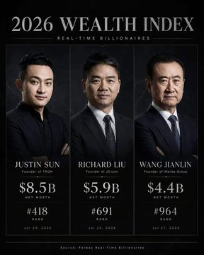 The image displays a "2026 WEALTH INDEX - Real-Time Billionaires" infographic ranking three Chinese billionaires: Justin Sun ($8.5B, ranked #418), Richard Liu ($5.9B, ranked #691), and Wang Hanlin ($4.4B, ranked #964). The graphic visually supports the post's celebration of Justin Sun's wealth surpassing both JD.com founder Richard Liu and Wanda Group founder Wang Jianlin, while the post adds a humorous jab that Sun can never enter Huizhou's territory.