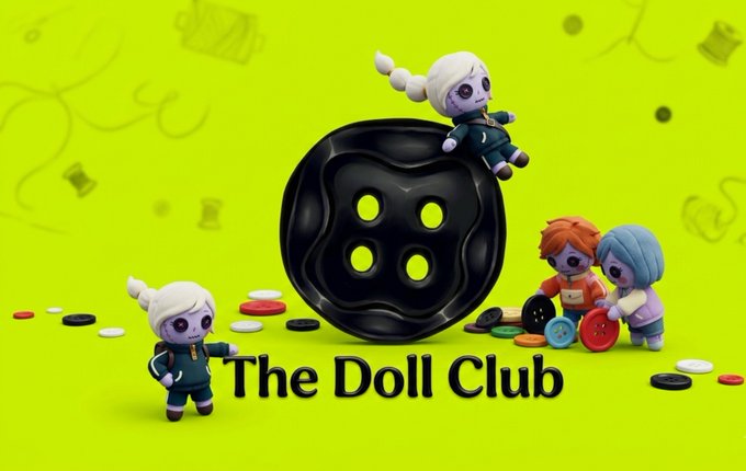 A promotional graphic for 'The Doll Club' featuring cartoon-style figures with a large black button in the center against a bright yellow background.