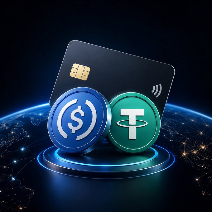 A 3D render of USDC and Tether cryptocurrency coins positioned in front of a black credit card on a glowing platform against a world map backdrop.