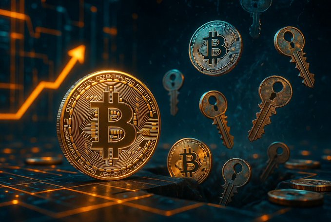 A stylized graphic depicting Bitcoin coins alongside metallic keys with an upward trending orange arrow, symbolizing cryptocurrency and security/ownership.