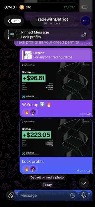 A screenshot of a Telegram chat with the group 'TradewithDetroit' discussing BTC trades, showing pinned messages with profit updates for 'MyFundedPerps' ($223.05) and 'MyFundedPerpa' ($96.61), with BTC priced at 77,483.1.
