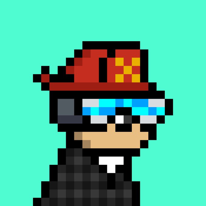 A pixel art illustration of a character wearing a red cap with yellow squares and sunglasses on a teal background.