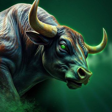 A dramatic digital artwork of a fierce bull with glowing green eyes and prominent horns, rendered in dark tones with green lighting against a dark background.