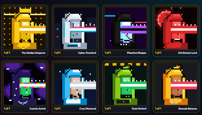 A grid of eight pixel-art character portraits labeled as '1of1' collectibles, including 'The Golden Emperor,' 'Cyber Overlord,' 'Phantom Reaper,' 'Oni Demon Lord,' 'Cosmic Astral,' 'Cryo Diamond,' 'Toxic Mutant,' and 'Genesis Banana.'