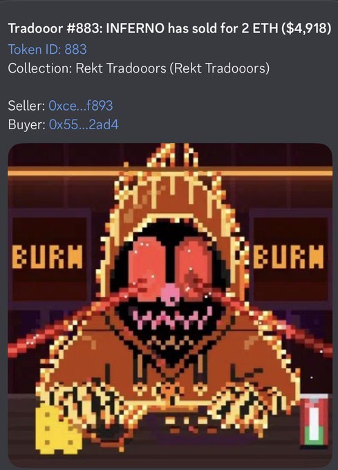 An NFT marketplace notification showing 'Tradooor #883: INFERNO has sold for 2 ETH ($4,918)' from the 'Rekt Tradooors' collection, featuring a pixelated hooded character with 'BURN' text.
