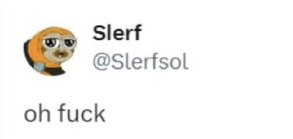 A tweet from Slerf (@Slerfsol) featuring a crying doge avatar with the caption "oh fuck," humorously echoing the post's lament about resurfacing painful memories and the death of past crypto narratives.