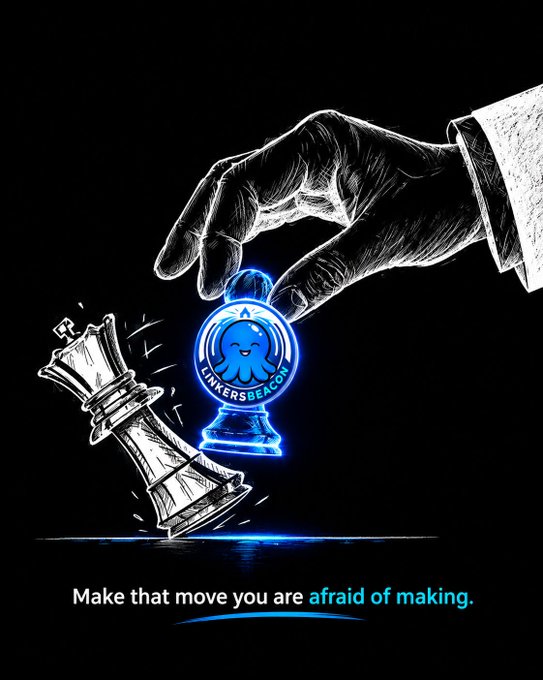 An illustration shows a hand reaching for a glowing blue 'LINKERSEACON' token next to a falling chess king, with the text 'Make that move you are afraid of making.'