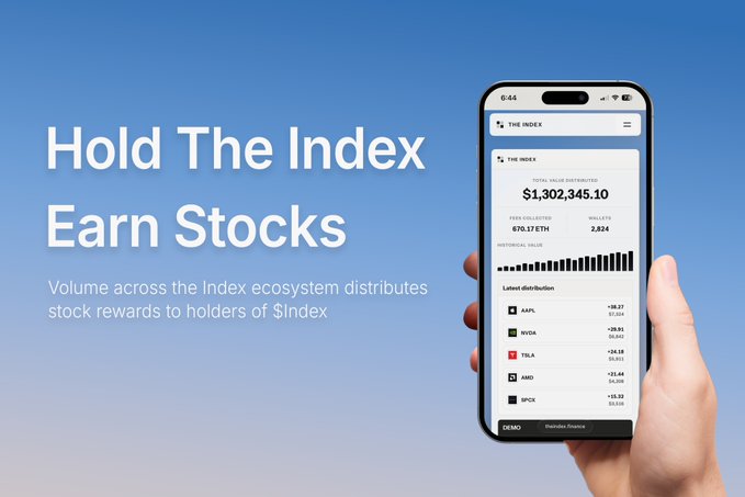 The image promotes an app called "The Index" with the tagline "Hold The Index, Earn Stocks," showing a mobile interface displaying a total value distributed of $1,302,345.10, an ETH distribution of 670.17ETH, and historical distributions of stocks like AAPL, NVDA, TSLA, AMD, and SPOT. The image supports the post's suggestion of adding $BREAD (a reference to the Index token) as a Robinhood chain play, framing it as a way to earn stock rewards by holding the index.