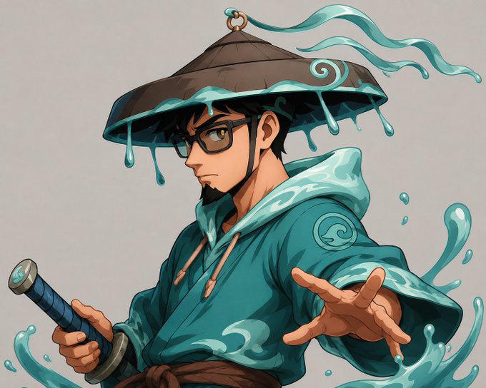 Anime-style illustration of a samurai-like warrior wearing a conical straw hat with water dripping from its edges, glasses, and teal robes, holding a sword while surrounded by water effects.