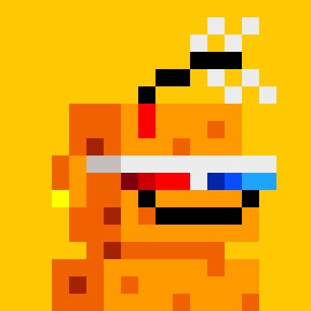 A pixel art illustration of an orange blocky character wearing sunglasses, featuring a red, white, and blue reflection in the lenses.