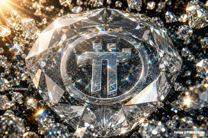 A stylized image shows a Pi cryptocurrency logo engraved into a large, sparkling diamond surrounded by smaller diamonds, with a "@PiWeb3Army" watermark.