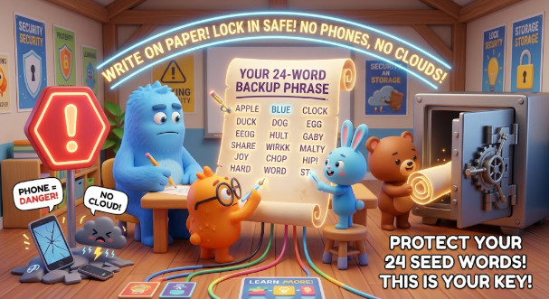 A cartoon illustration shows cute monster characters working on a "24-WORD BACKUP PHRASE" scroll with the text "WRITE ON PAPER! LOCK IN SAFE! NO PHONES, NO CLOUDS!" and "PROTECT YOUR 24 SEED WORDS! THIS IS YOUR KEY!".