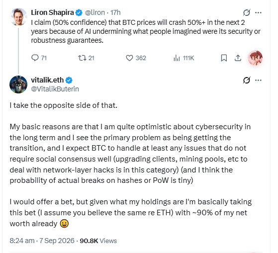 A Twitter exchange between Liron Shapira (@liron) claiming BTC prices will crash due to AI, and Vitalik Buterin (@VitalikButerin) responding 'I take the opposite side of that' with reasons for his long-term optimism about BTC.