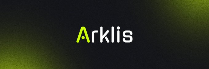 A minimalist logo graphic displaying the name 'Arklis' in white and lime green text against a dark textured background.
