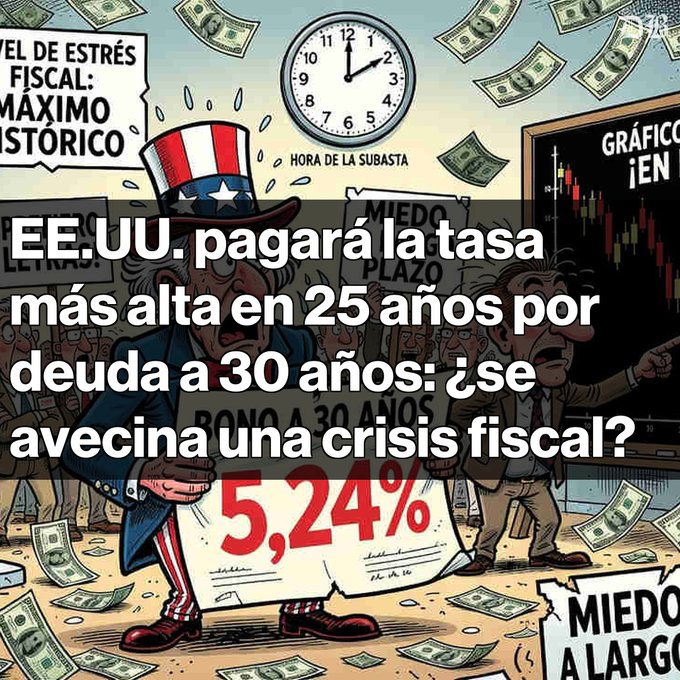 A financial-themed graphic in Spanish showing Uncle Sam looking at a 5.24% document, with text asking 'EE.UU. pagará la tasa más alta en 25 años por deuda a 30 años: ¿se avecina una crisis fiscal?'