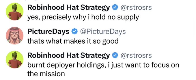 Screenshot of Twitter/X replies discussing cryptocurrency token holdings between verified users 'Robinhood Hat Strategy' (@rstrrosrs) and 'PictureDays' (@PictureDays), with comments about supply, deployer holdings, and focusing on a mission.