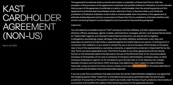 A screenshot of a "KAST CARDHOLDER AGREEMENT (NON-US)" dated March 20, 2025, displaying terms related to arbitration, indemnification, and provisions requiring users to reimburse KAST and the Issuer, with the highlighted text noting "reimburse KAST" for reasonable fees in defending against third-party claims.