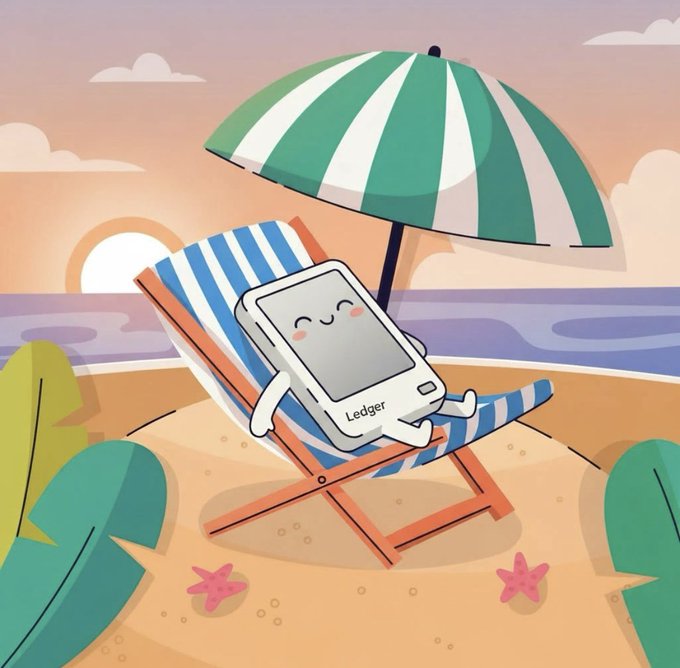 The image features an umbrella chair with a small white tablet or e-reader sitting on top of it. The tablet has a smiling face, giving the impression that it's enjoying its time at the beach. The background shows a beautiful sunset over the ocean, creating a serene and relaxing atmosphere for the scene.