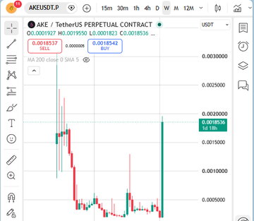 A cryptocurrency trading chart on AKEUSDTP showing price action for 'AKE / TetherUS PERPETUAL CONTRACT' with sell and buy orders displayed.