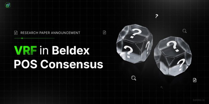 A black version of the 'VRF in Beldex POS Consensus' research paper announcement banner features the same question mark dice and the 'beldex.io' logo in the bottom right.