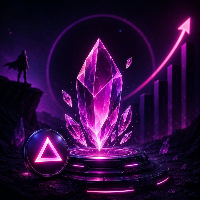 A vibrant digital artwork featuring a glowing purple crystal on a pedestal, a smaller dark crystal with a pink triangle symbol, with a silhouetted figure and a rising arrow in the background against a purple cosmic sky.