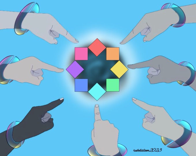 Illustration of multiple hands with iridescent rings pointing toward a central glowing void surrounded by colorful geometric shapes on a blue background.