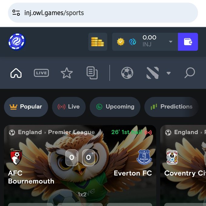 The screenshot shows the sports betting section of inj.owl.games displaying an England Premier League match between AFC Bournemouth and Everton FC with live in-play odds (1x2). The dark-themed decentralized betting platform interface directly illustrates the post's claim of a "rebuilt" sportsbook, featuring a wallet showing 0.00 INJ balance alongside crypto-style icons rather than traditional fiat currency displays.