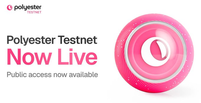 The image is a promotional banner announcing that the Polyester Testnet is now live, featuring the Polyester logo, pink and white branding, and the text "Polyester Testnet Now Live - Public access now available," which corresponds to the accompanying post directing users to the testnet site to connect a wallet and participate in the airdrop.