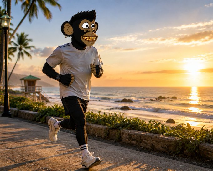 A surreal photo of a figure wearing a cartoonish monkey mask running along a beachside path at sunset.