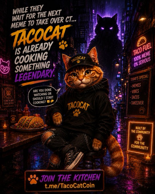 A vibrant, neon-lit poster for 'TACOCAT' featuring an anthropomorphic cat wearing a branded cap and hoodie, with text declaring 'TACOCAT IS ALREADY COOKING SOMETHING LEGENDARY' and a call to action to 'JOIN THE KITCHEN' at 't.me/TacoCatCoin'.