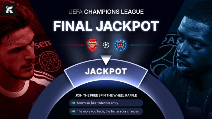 The image features a flyer for Uefa Champions League final jackpot game. The primary focus of this advertisement is on inviting players to join the free spins and win the wheel raffle, which are both part of the game's gameplay experience. The flyer includes various descriptions of the prizes available, such as cars or luxury goods if someone wins the wheel raffle. This marketing campaign aims to attract participants by highlighting the potential benefits and excitement offered through playing this particular game on Uefa Champions League platform.