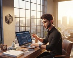 An illustrated image depicts a bearded man in a black shirt working at a desk with a laptop, notebook, and water bottle in a sunlit office.