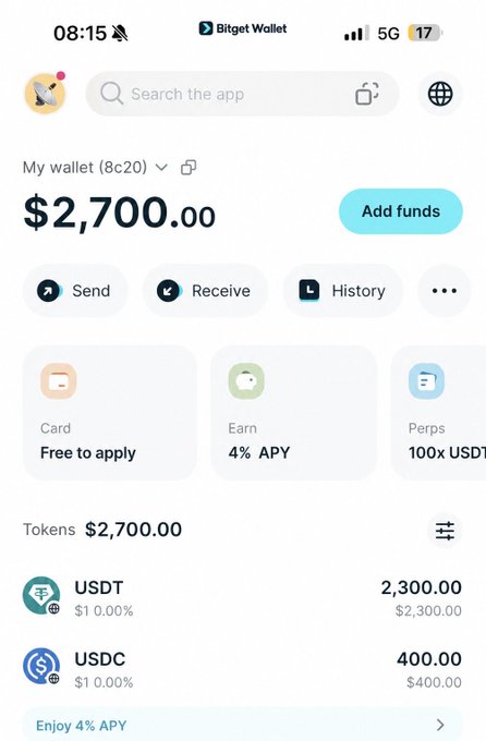 A Bitget Wallet app screenshot showing a balance of $2,700.00 with options to Send, Receive, and History, holding tokens including 2,300.00 USDT and 400.00 USDC.