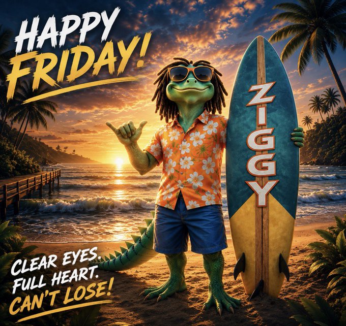 An anthropomorphic green iguana wearing sunglasses, a Hawaiian shirt, and shorts stands on a tropical beach at sunset, holding a surfboard emblazoned with "$ZIGGY" and flashing a shaka sign. The image reinforces the post's surf-culture and "clear eyes, full heart, can't lose" mindset, pairing the upbeat "Happy Friday" greeting with a chill, ride-the-wave vibe for the $Ziggy community.