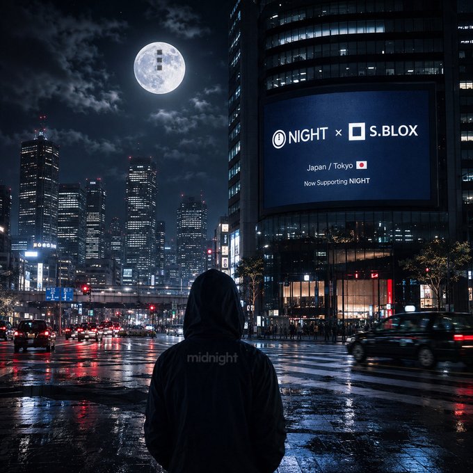 A hooded figure with 'midnight' on their jacket stands before a cityscape at night under a full moon, looking toward a large screen displaying 'NIGHT × S.BLOX Japan / Tokyo Now Supporting NIGHT.'