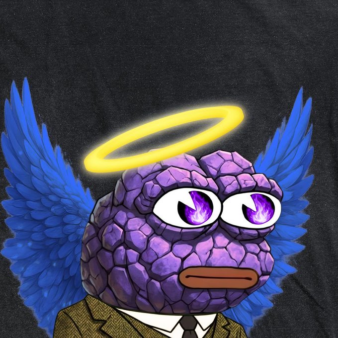 A cartoon illustration shows a purple rocky-headed character with purple flame eyes, blue angel wings, a yellow halo, and a brown suit against a dark background.