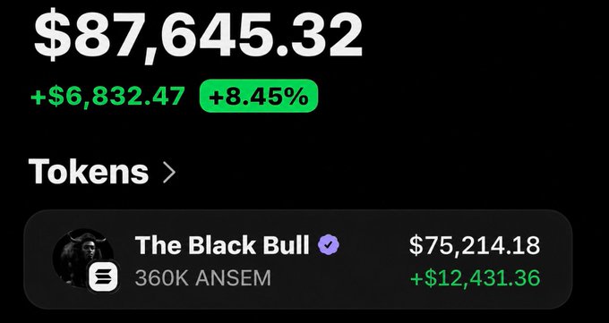 The image shows a portfolio displaying $87,645.32 (+$6,832.47, +8.45%), with a featured token called "The Black Bull" (ticker $ANSEM) holding 360K ANSEM valued at $75,214.18 (+$12,431.36). This visually supports the post by showcasing the poster's substantial $ANSEM holdings and profits, which they intend to airdrop back to the community.