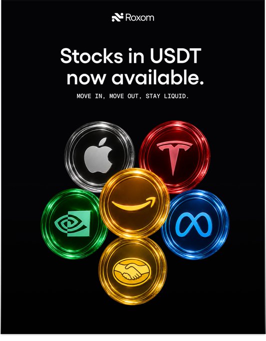 The image displays the text "Stocks in USDT now available." and features circular icons representing the logos of Apple, Tesla, Nvidia, Amazon, and Meta. This visually illustrates the announcement that these stocks, along with others like AVGO, MSTR, and MELI, are now tradable with USDT exclusively on the Roxom platform.